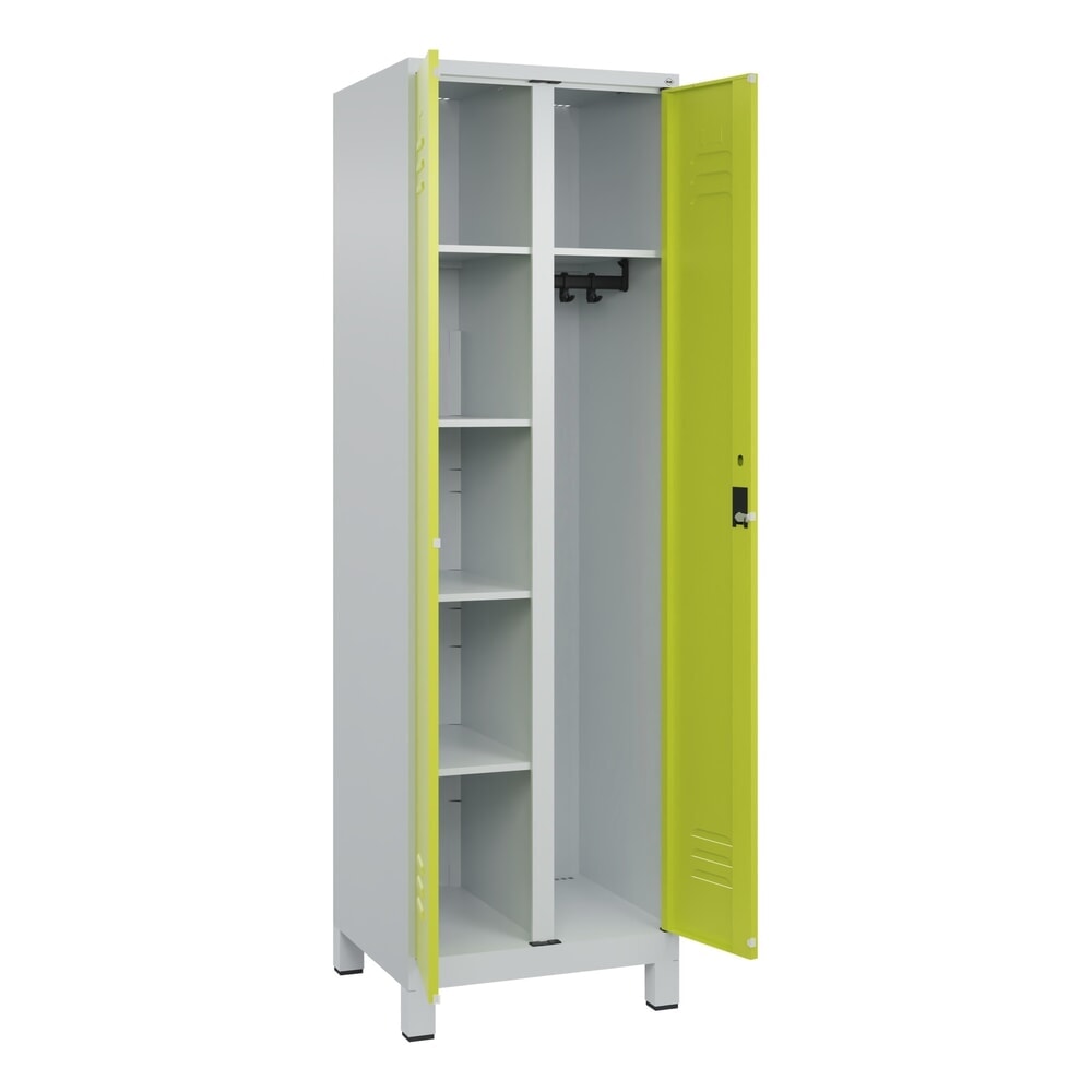 C+P Mehrzweck-Putzmittelschrank Classic PLUS, Füsse, 2 Abteile, HxBxT 1.950 x 600 x 500 mm, lichtgrau, clowngrün, Zylinderschloss