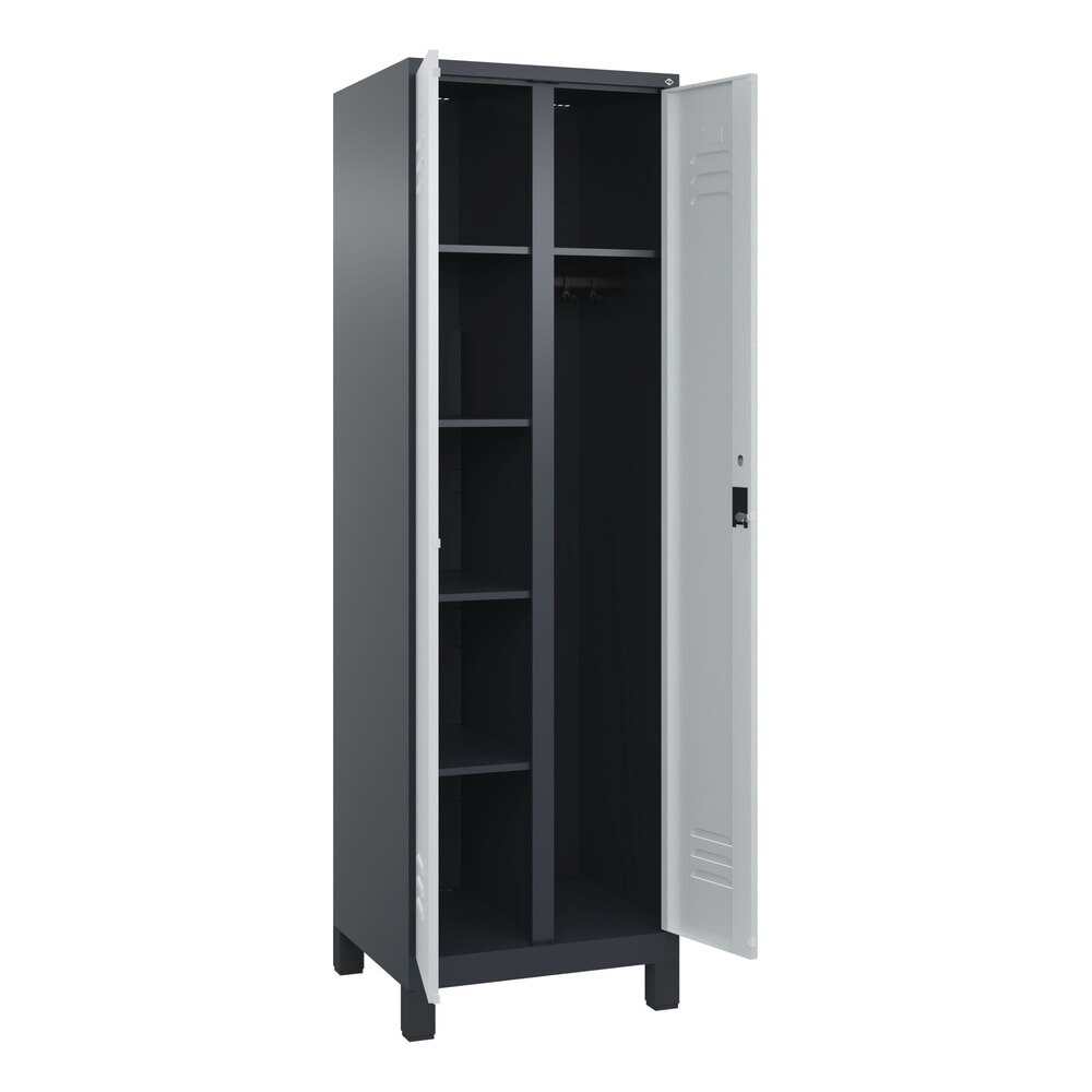 C+P Mehrzweck-Putzmittelschrank Classic PLUS, Füße, 2 Abteile, HxBxT 1.950 x 600 x 500 mm, anthrazitgrau, lichtgrau, Zylinderschloss