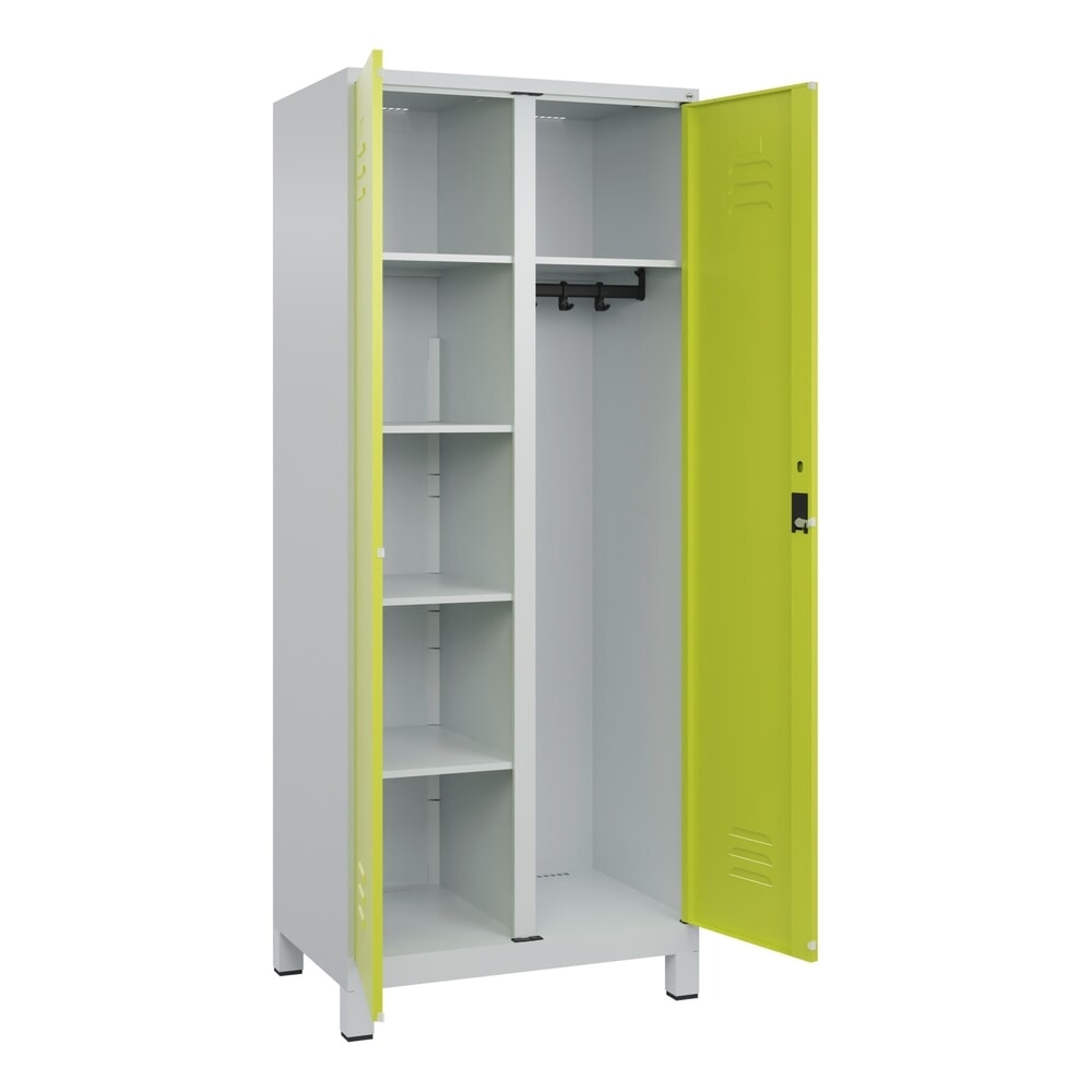 C+P Mehrzweck-Putzmittelschrank Classic PLUS, Füsse, 2 Abteile, HxBxT 1.950 x 800 x 500 mm, lichtgrau, clowngrün, Zylinderschloss
