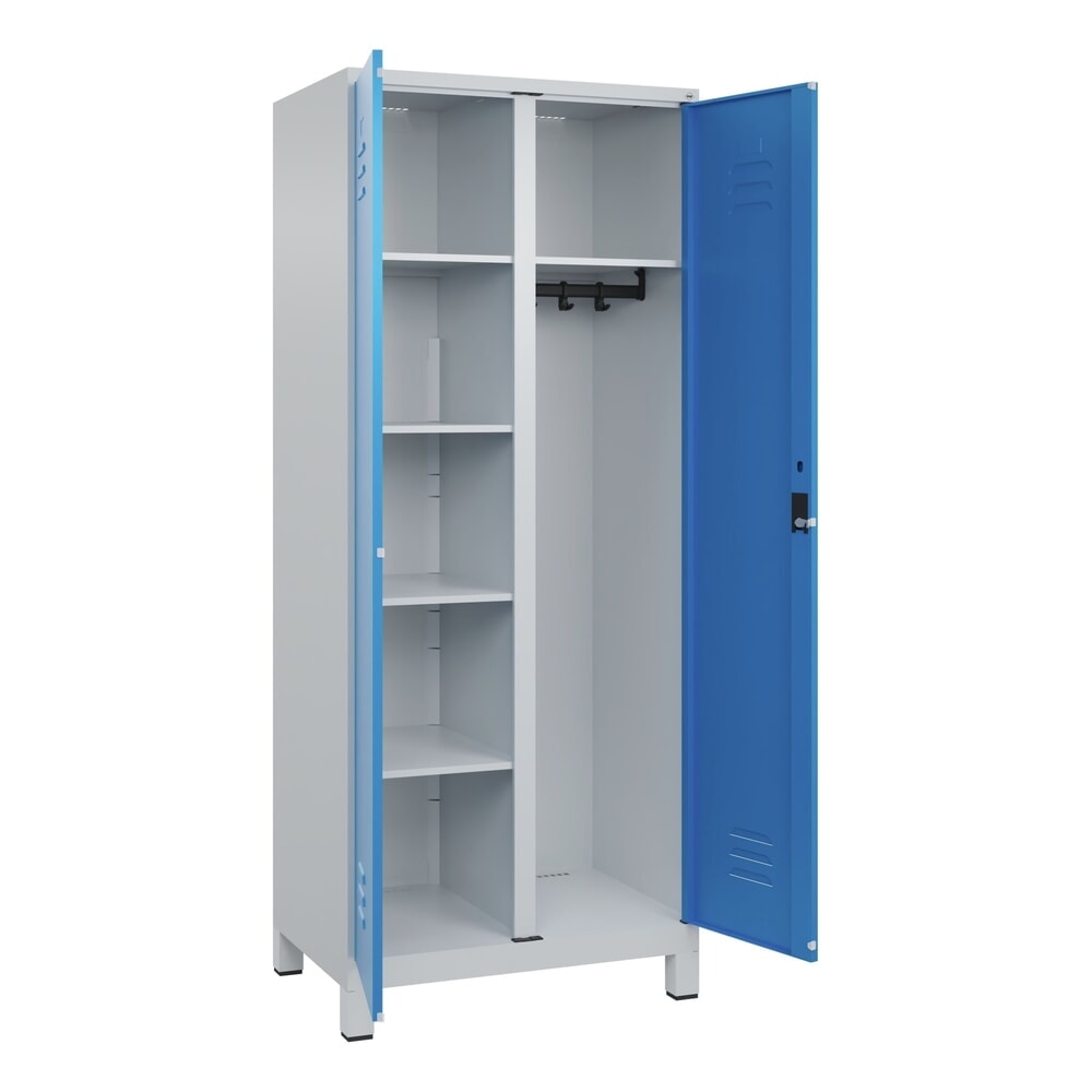 C+P Mehrzweck-Putzmittelschrank Classic PLUS, Füsse, 2 Abteile, HxBxT 1.950 x 800 x 500 mm, lichtgrau, lichtblau, Zylinderschloss