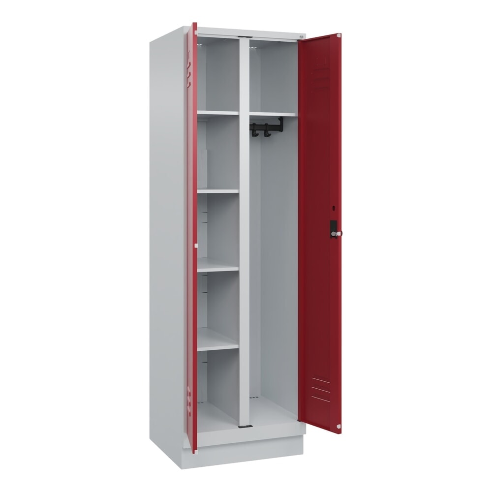 C+P Mehrzweck-Putzmittelschrank Classic PLUS, Sockel, 2 Abteile, HxBxT 1.950 x 600 x 500 mm, lichtgrau, rubinrot, für Vorhängeschloss