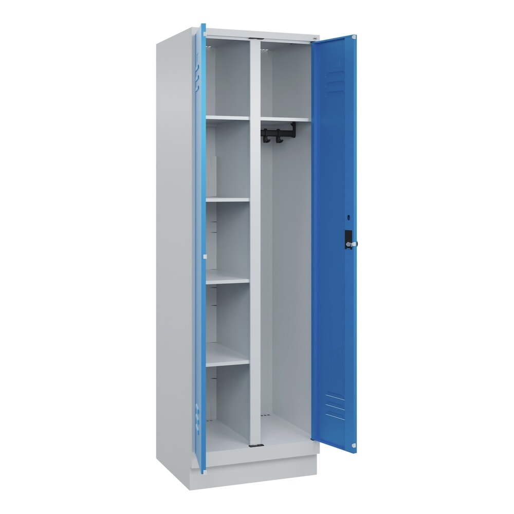 C+P Mehrzweck-Putzmittelschrank Classic PLUS, Sockel, 2 Abteile, HxBxT 1.950 x 600 x 500 mm, lichtgrau, lichtblau, für Vorhängeschloss