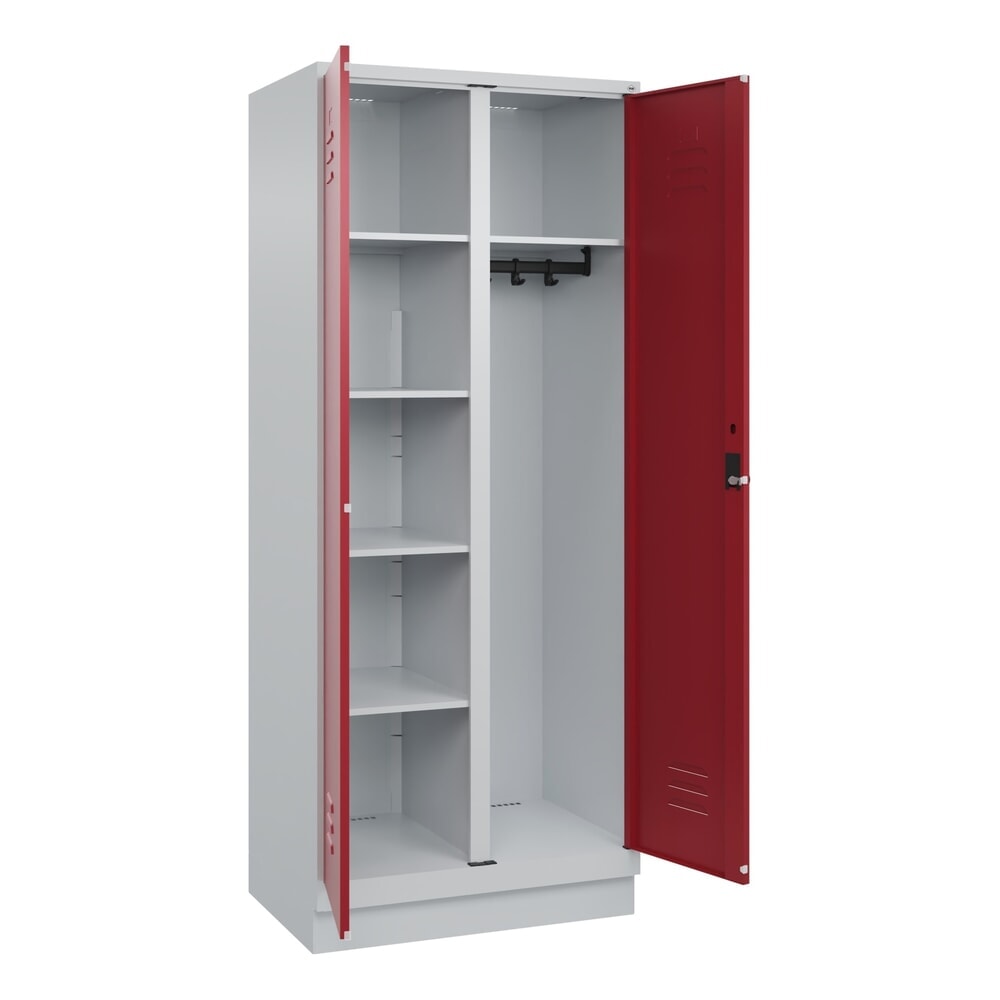 C+P Mehrzweck-Putzmittelschrank Classic PLUS, Sockel, 2 Abteile, HxBxT 1.950 x 800 x 500 mm, lichtgrau, rubinrot, für Vorhängeschloss