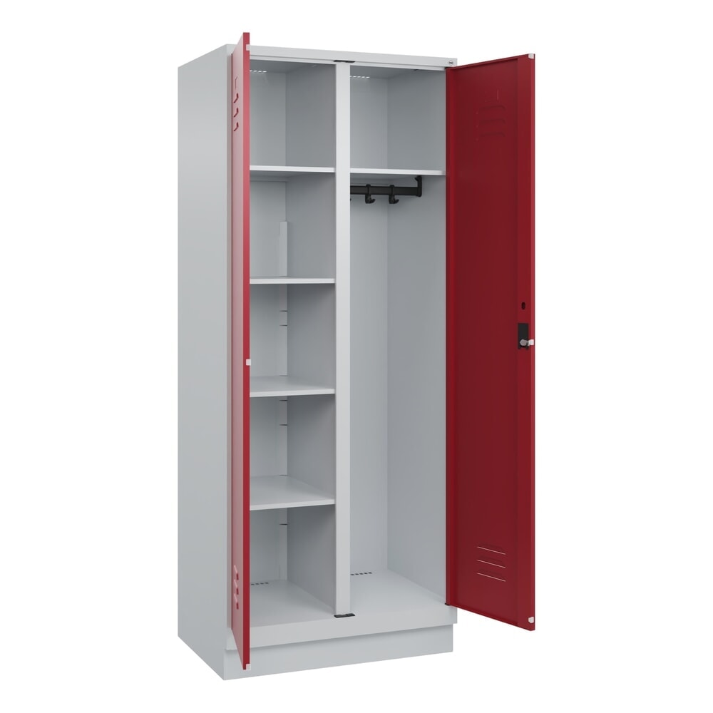 C+P Mehrzweck-Putzmittelschrank Classic PLUS, Sockel, 2 Abteile, HxBxT 1.950 x 800 x 500 mm, lichtgrau, rubinrot, Zylinderschloss