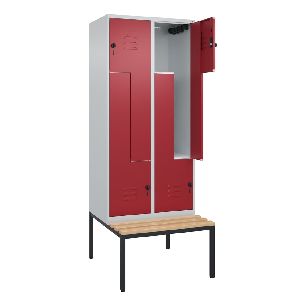 C+P Z-Spind Classic PLUS, 4 Abteile, HxBxT 2.120 x 800 x 815 mm, für Vorhängeschloss, untergebaute Bank aus Buche, lichtgrau, rubinrot