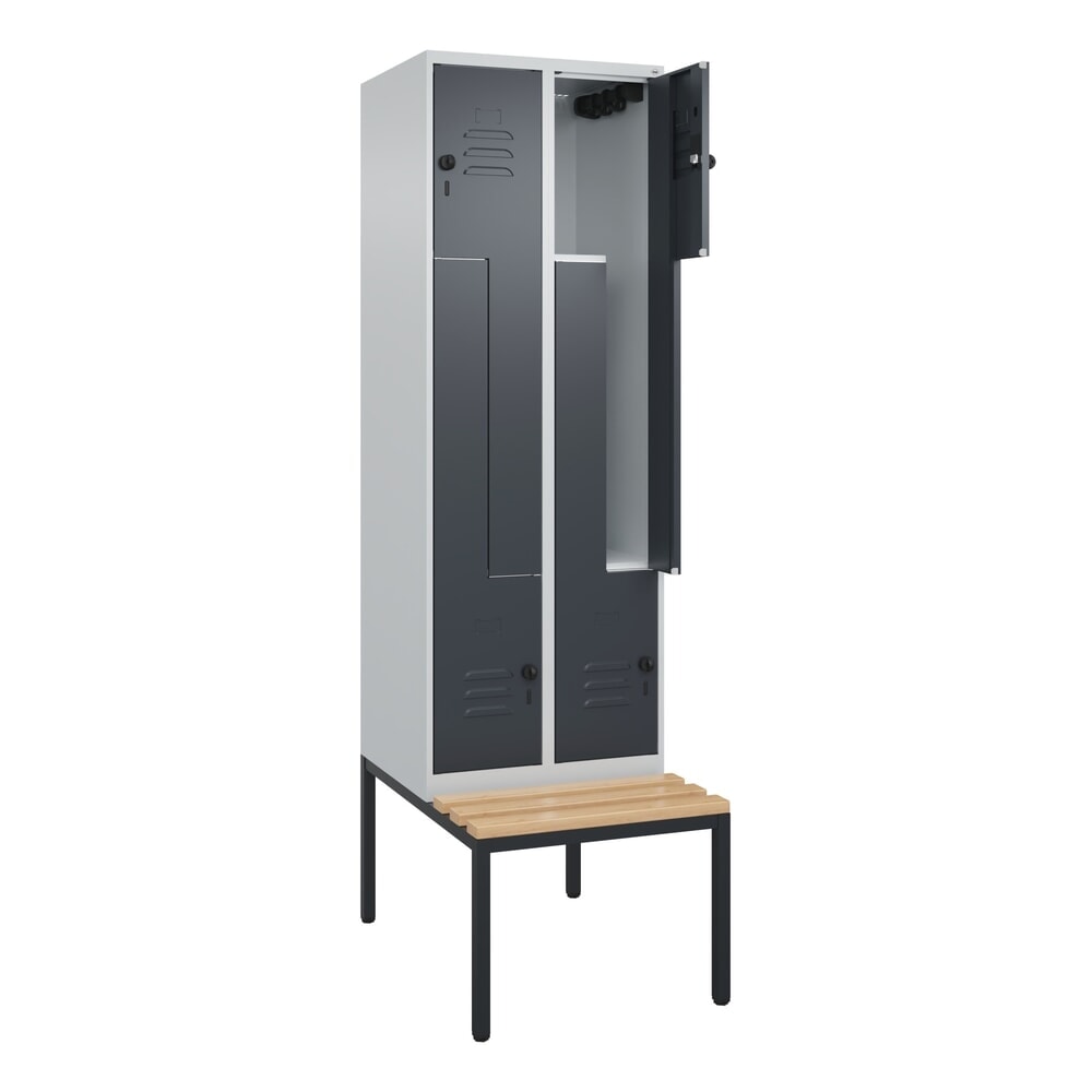 C+P Z-Spind Classic PLUS, 4 Abteile, HxBxT 2.120 x 600 x 815 mm, für Vorhängeschloss, untergebaute Bank aus Buche, lichtgrau, anthrazitgrau