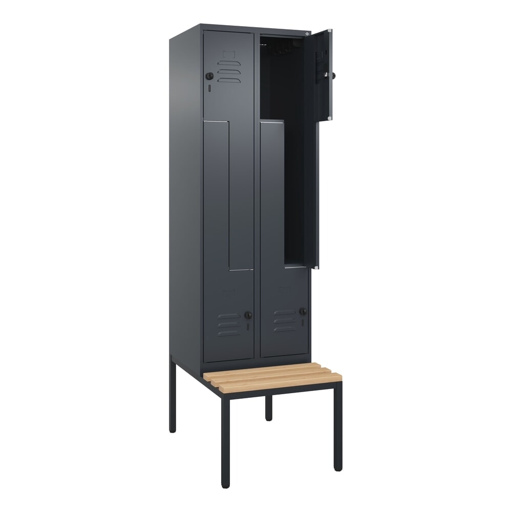 C+P Z-Spind Classic PLUS, 4 Abteile, HxBxT 2.120 x 600 x 815 mm, für Vorhängeschloss, untergebaute Bank aus Buche, anthrazitgrau, anthrazitgrau