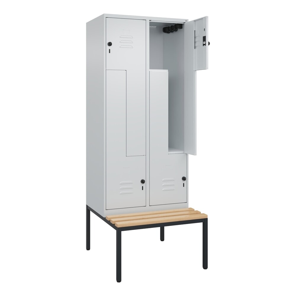 C+P Z-Spind Classic PLUS, 4 Abteile, HxBxT 2.120 x 800 x 815 mm, für Vorhängeschloss, untergebaute Bank aus Buche, lichtgrau, lichtgrau