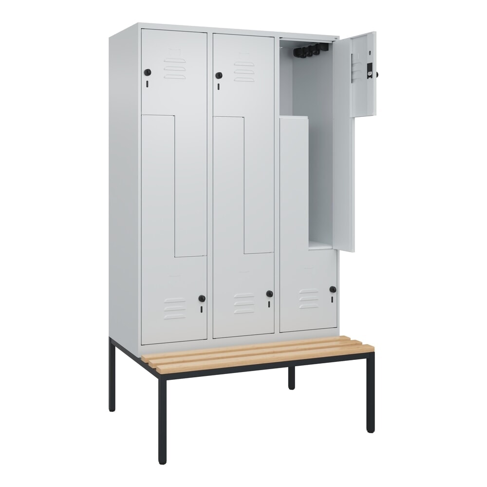 C+P Z-Spind Classic PLUS, 6 Abteile, HxBxT 2.120 x 1.200 x 815 mm, für Vorhängeschloss, untergebaute Bank aus Buche, lichtgrau, lichtgrau