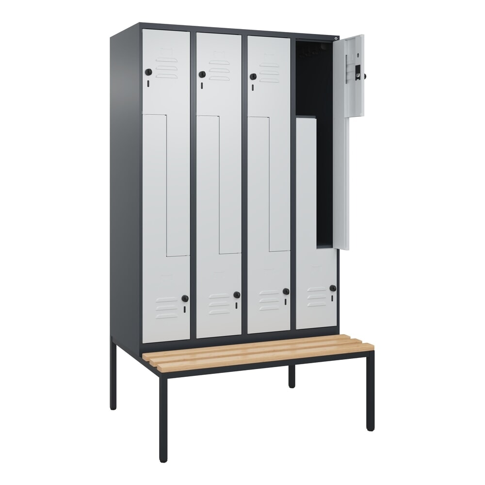 C+P Z-Spind Classic PLUS, 8 Abteile, HxBxT 2.120 x 1.200 x 815 mm, für Vorhängeschloss, untergebaute Bank aus Buche, anthrazitgrau, lichtgrau