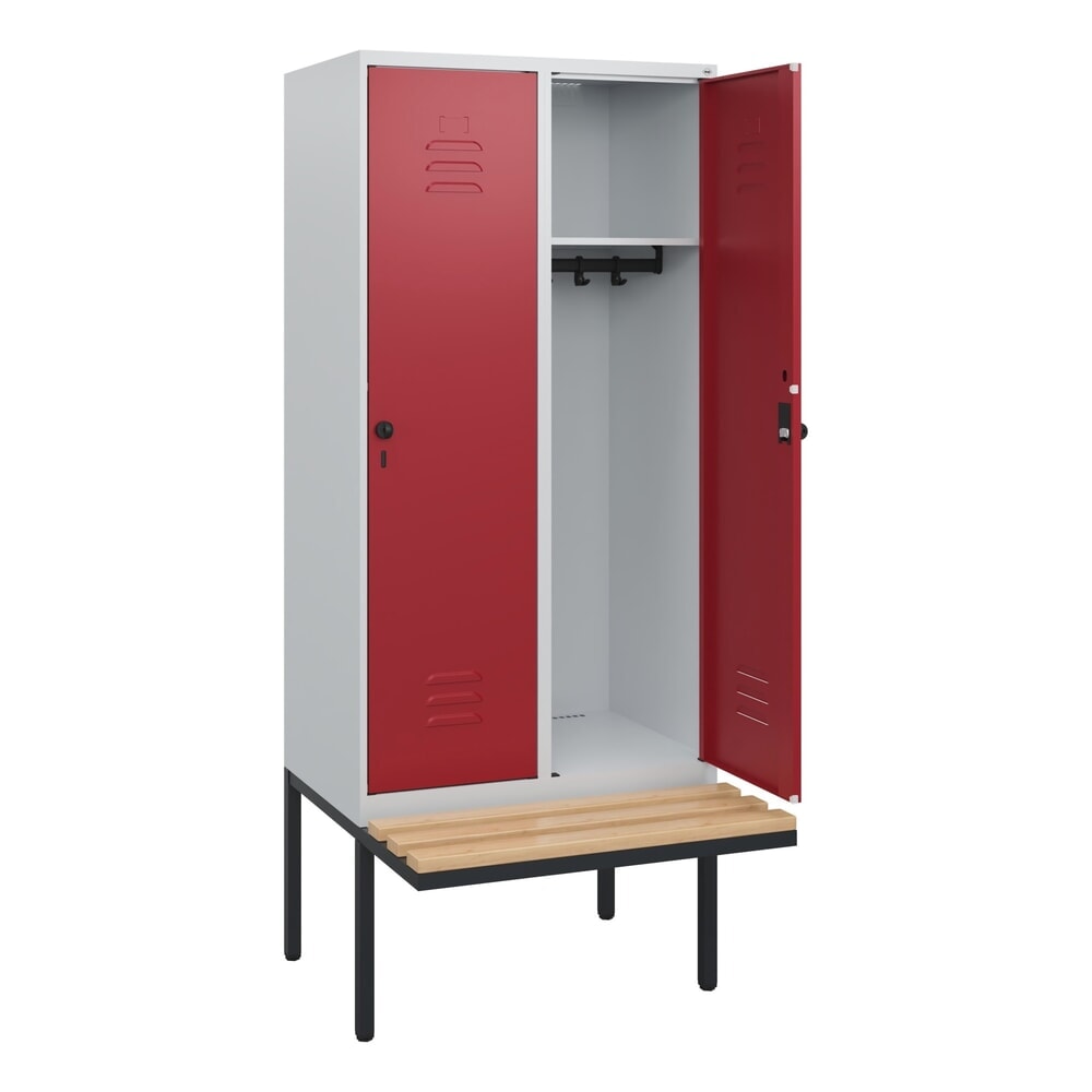 C+P Spind Classic PLUS, 2 Abteile, HxBxT 1.950 x 800 x 815 mm, für Vorhängeschloss, auskragende Bank aus Buche, lichtgrau, rubinrot
