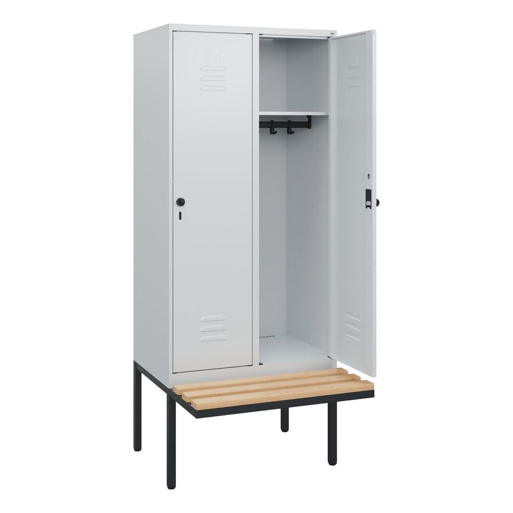 C+P Spind Classic PLUS, 2 Abteile, HxBxT 1.950 x 800 x 815 mm, für Vorhängeschloss, auskragende Bank aus Buche, lichtgrau, lichtgrau