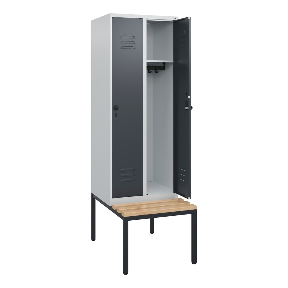 C+P Spind Classic PLUS, 2 Abteile, HxBxT 1.950 x 600 x 815 mm, für Vorhängeschloss, untergebaute Bank aus Buche, lichtgrau, anthrazitgrau