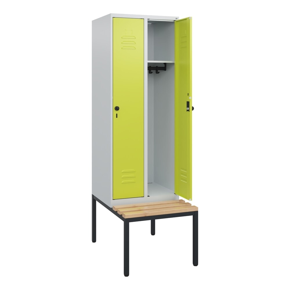 C+P Spind Classic PLUS, 2 Abteile, HxBxT 1.950 x 600 x 815 mm, für Vorhängeschloss, untergebaute Bank aus Buche, lichtgrau, clowngrün