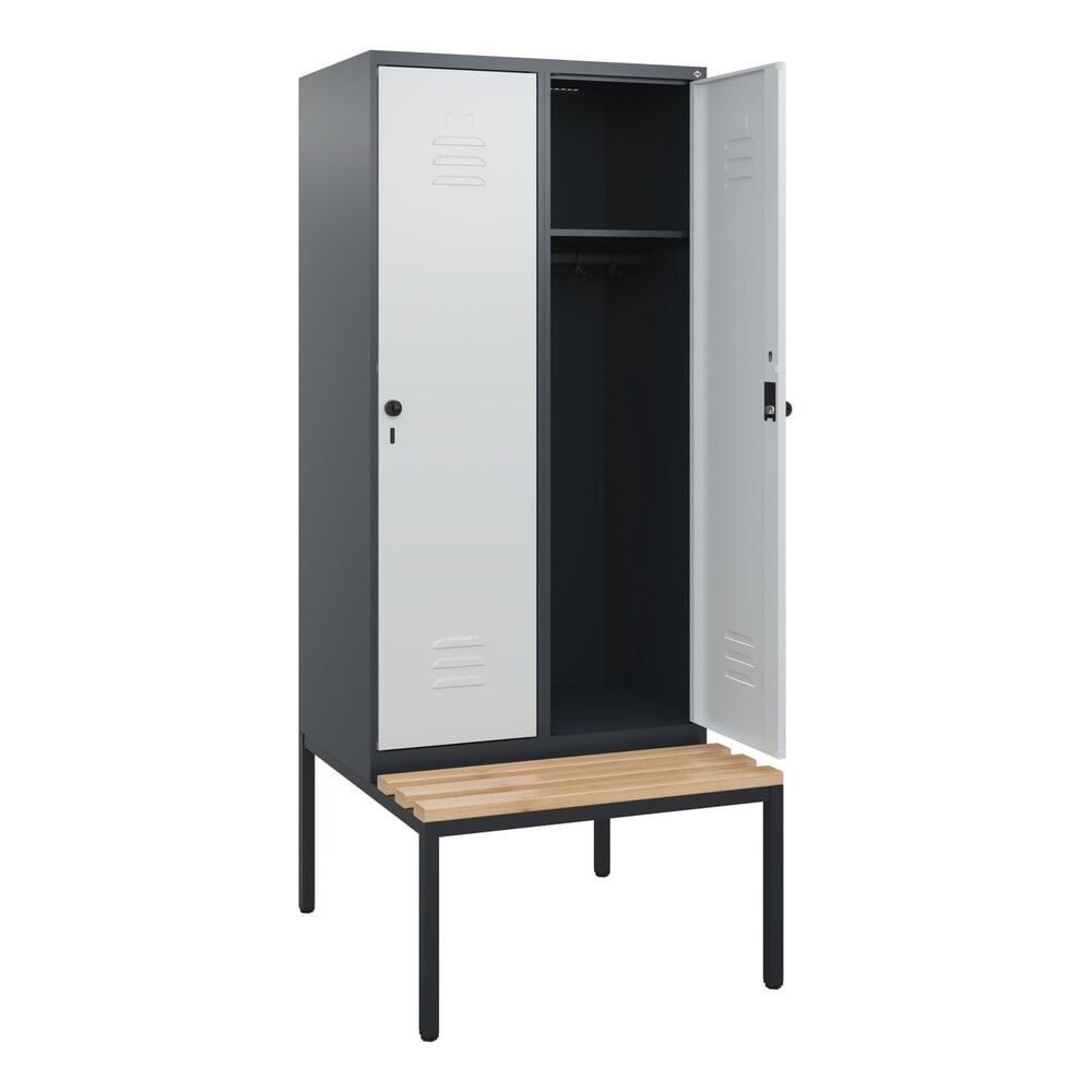 C+P Spind Classic PLUS, 2 Abteile, HxBxT 1.950 x 800 x 815 mm, für Vorhängeschloss, untergebaute Bank aus Buche, anthrazitgrau, lichtgrau