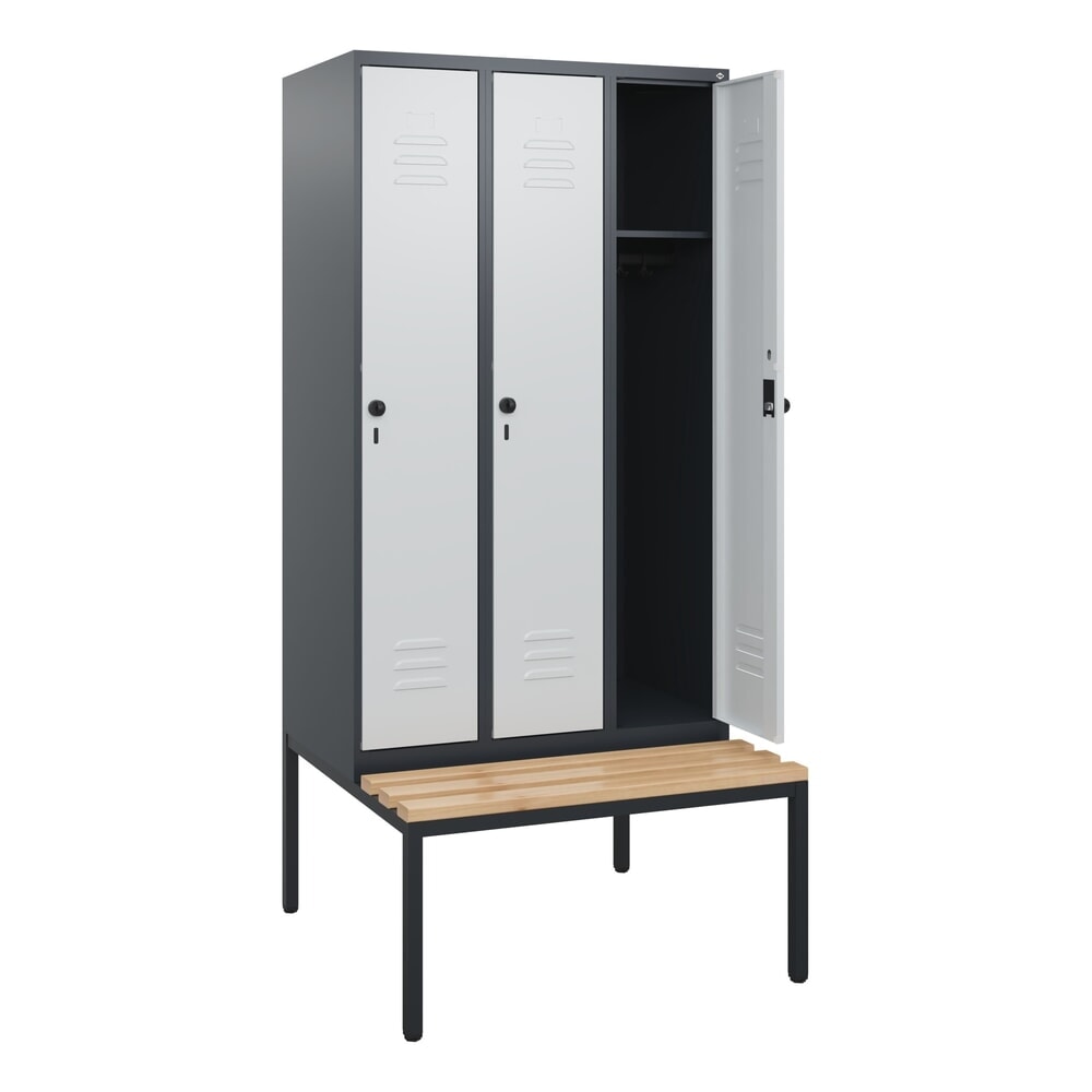 C+P Spind Classic PLUS, 3 Abteile, HxBxT 1.950 x 900 x 815 mm, für Vorhängeschloss, untergebaute Bank aus Buche, anthrazitgrau, lichtgrau
