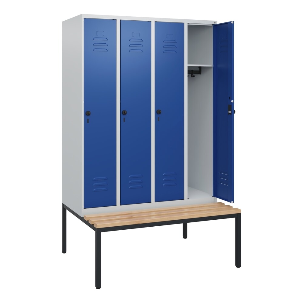 C+P Spind Classic PLUS, 4 Abteile, HxBxT 1.950 x 1.200 x 815 mm, für Vorhängeschloss, untergebaute Bank aus Buche, lichtgrau, enzianblau