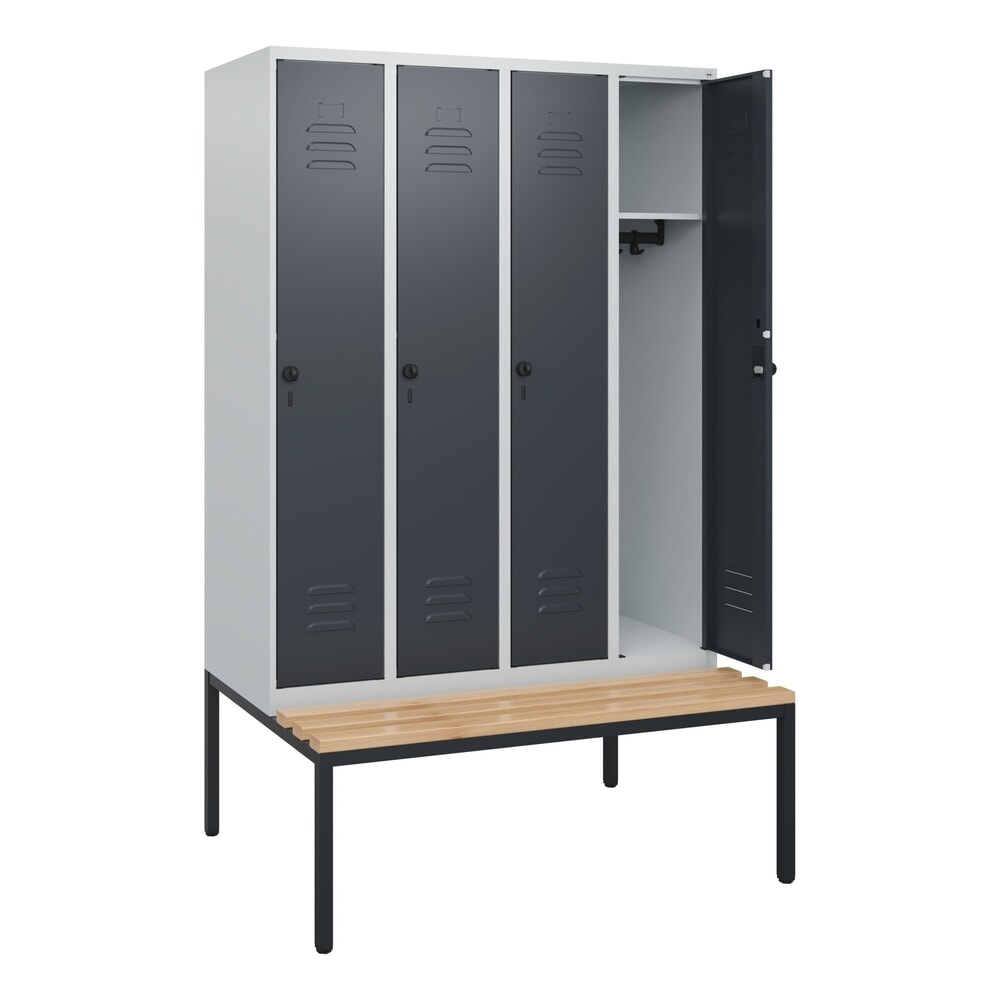 C+P Spind Classic PLUS, 4 Abteile, HxBxT 1.950 x 1.200 x 815 mm, für Vorhängeschloss, untergebaute Bank aus Buche, lichtgrau, anthrazitgrau