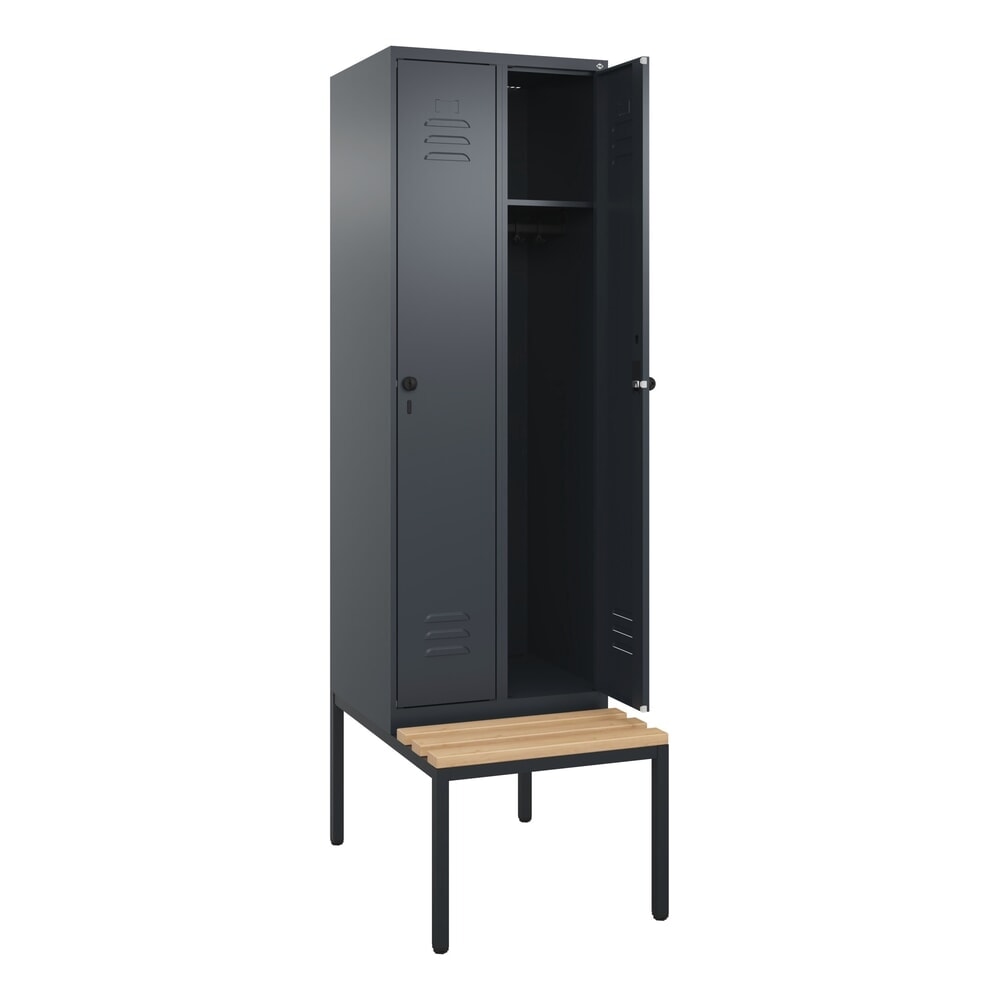 C+P Spind Classic PLUS, 2 Abteile, HxBxT 2.120 x 600 x 815 mm, für Vorhängeschloss, untergebaute Bank aus Buche, anthrazitgrau, anthrazitgrau