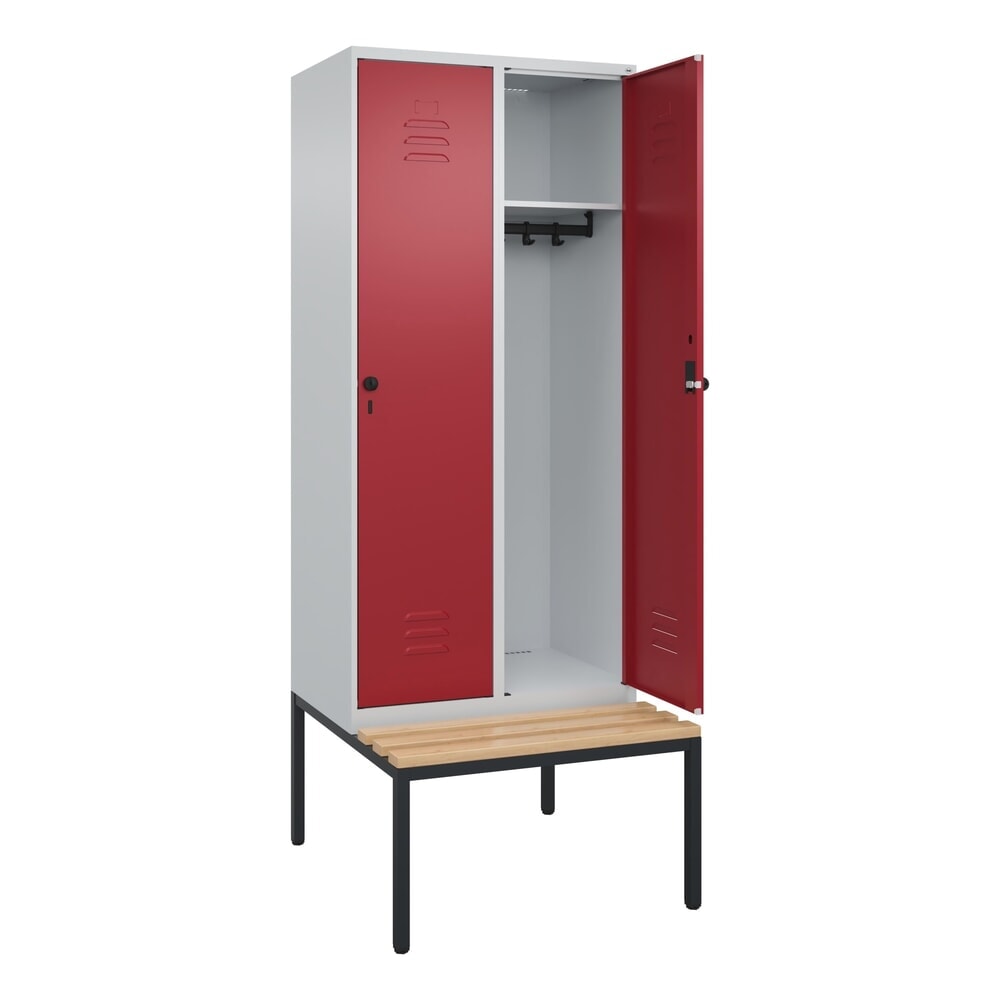 C+P Spind Classic PLUS, 2 Abteile, HxBxT 2.120 x 800 x 815 mm, für Vorhängeschloss, untergebaute Bank aus Buche, lichtgrau, rubinrot