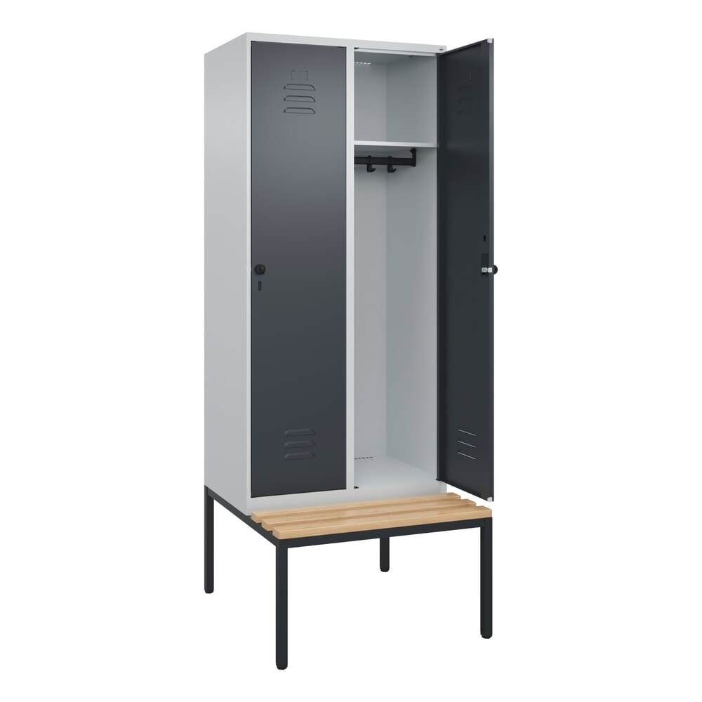C+P Spind Classic PLUS, 2 Abteile, HxBxT 2.120 x 800 x 815 mm, für Vorhängeschloss, untergebaute Bank aus Buche, lichtgrau, anthrazitgrau