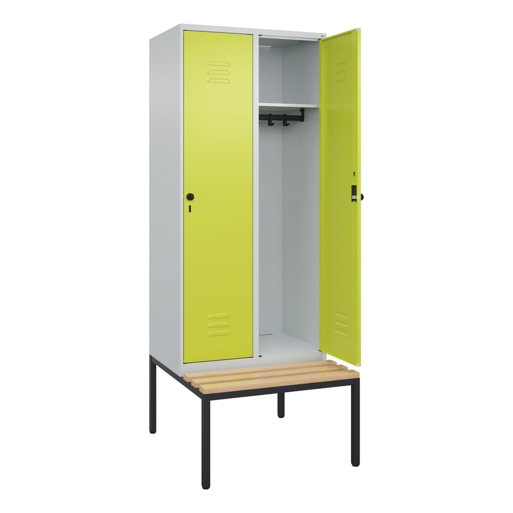 C+P Spind Classic PLUS, 2 Abteile, HxBxT 2.120 x 800 x 815 mm, für Vorhängeschloss, untergebaute Bank aus Buche, lichtgrau, clowngrün