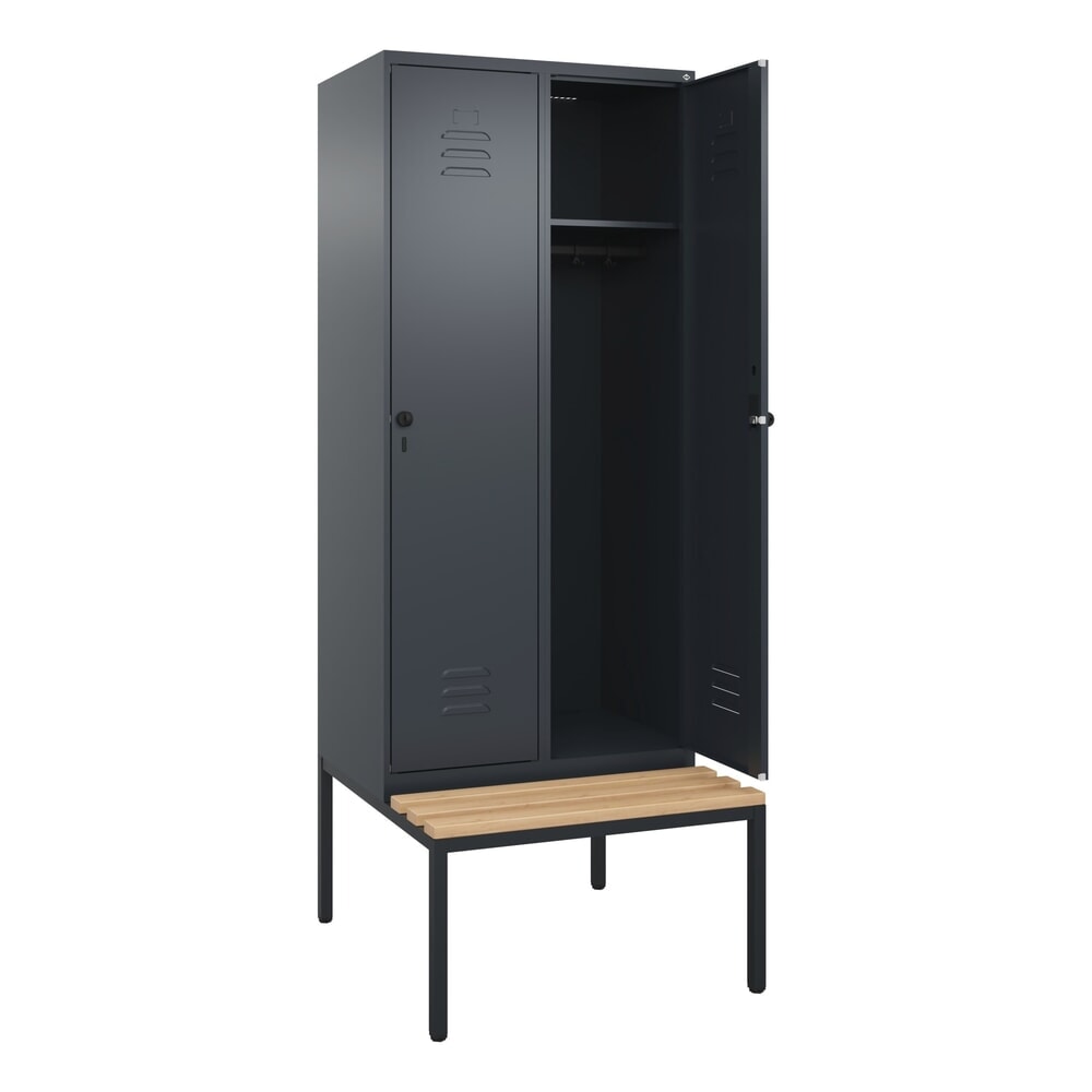 C+P Spind Classic PLUS, 2 Abteile, HxBxT 2.120 x 800 x 815 mm, für Vorhängeschloss, untergebaute Bank aus Buche, anthrazitgrau, anthrazitgrau