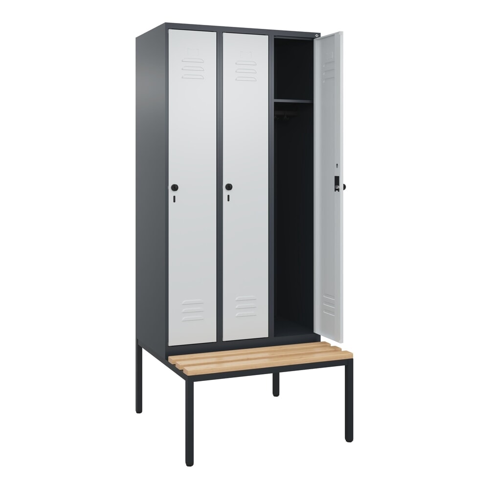 C+P Spind Classic PLUS, 3 Abteile, HxBxT 2.120 x 900 x 815 mm, für Vorhängeschloss, untergebaute Bank aus Buche, anthrazitgrau, lichtgrau