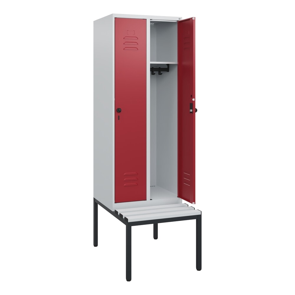 C+P Spind Classic PLUS, 2 Abteile, HxBxT 1.950 x 600 x 815 mm, für Vorhängeschloss, untergebaute Bank aus Kunststoff, lichtgrau, rubinrot