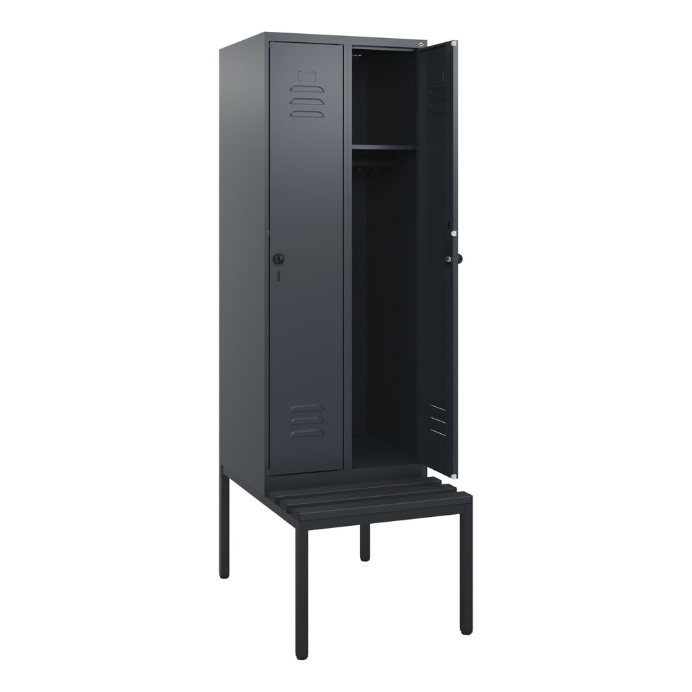 C+P Spind Classic PLUS, 2 Abteile, HxBxT 1.950 x 600 x 815 mm, für Vorhängeschloss, untergebaute Bank aus Kunststoff, anthrazitgrau, anthrazitgrau