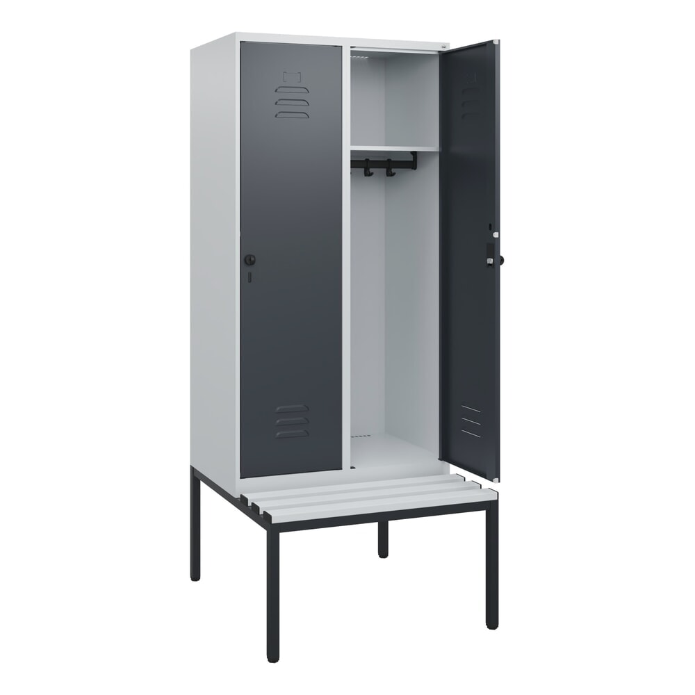 C+P Spind Classic PLUS, 2 Abteile, HxBxT 1.950 x 800 x 815 mm, für Vorhängeschloss, untergebaute Bank aus Kunststoff, lichtgrau, anthrazitgrau