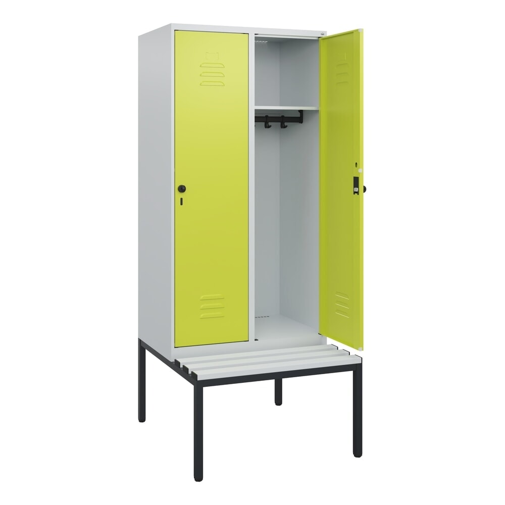 C+P Spind Classic PLUS, 2 Abteile, HxBxT 1.950 x 800 x 815 mm, für Vorhängeschloss, untergebaute Bank aus Kunststoff, lichtgrau, clowngrün