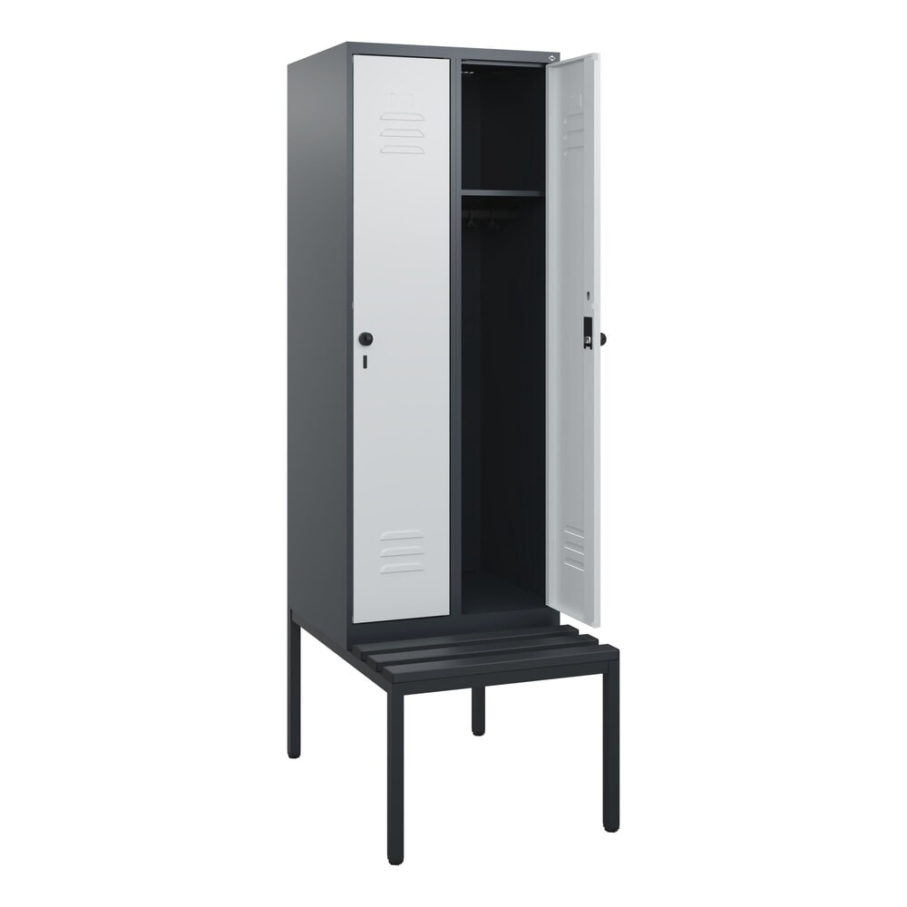 C+P Spind Classic PLUS, 2 Abteile, HxBxT 1.950 x 600 x 815 mm, für Vorhängeschloss, untergebaute Bank aus Kunststoff, anthrazitgrau, lichtgrau