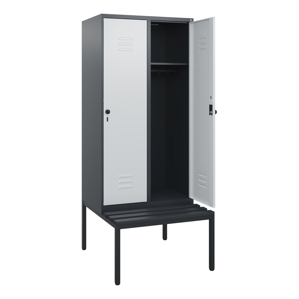 C+P Spind Classic PLUS, 2 Abteile, HxBxT 1.950 x 800 x 815 mm, für Vorhängeschloss, untergebaute Bank aus Kunststoff, anthrazitgrau, lichtgrau