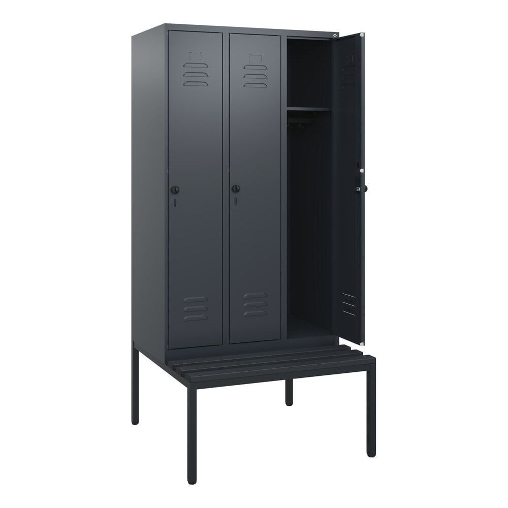 C+P Spind Classic PLUS, 3 Abteile, HxBxT 1.950 x 900 x 815 mm, für Vorhängeschloss, untergebaute Bank aus Kunststoff, anthrazitgrau, anthrazitgrau