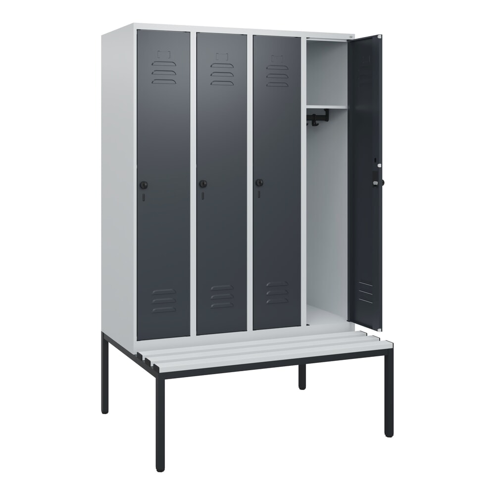 C+P Spind Classic PLUS, 4 Abteile, HxBxT 1.950 x 1.200 x 815 mm, für Vorhängeschloss, untergebaute Bank aus Kunststoff, lichtgrau, anthrazitgrau