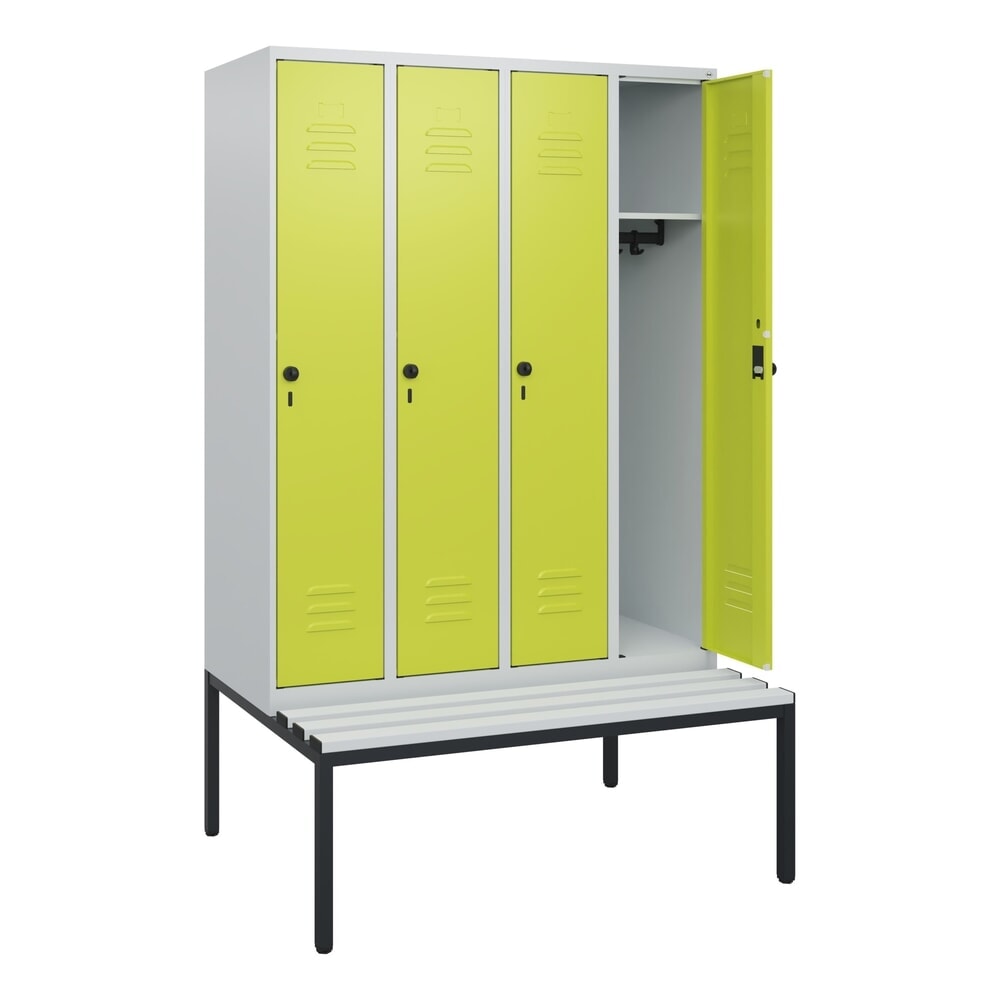 C+P Spind Classic PLUS, 4 Abteile, HxBxT 1.950 x 1.200 x 815 mm, für Vorhängeschloss, untergebaute Bank aus Kunststoff, lichtgrau, clowngrün