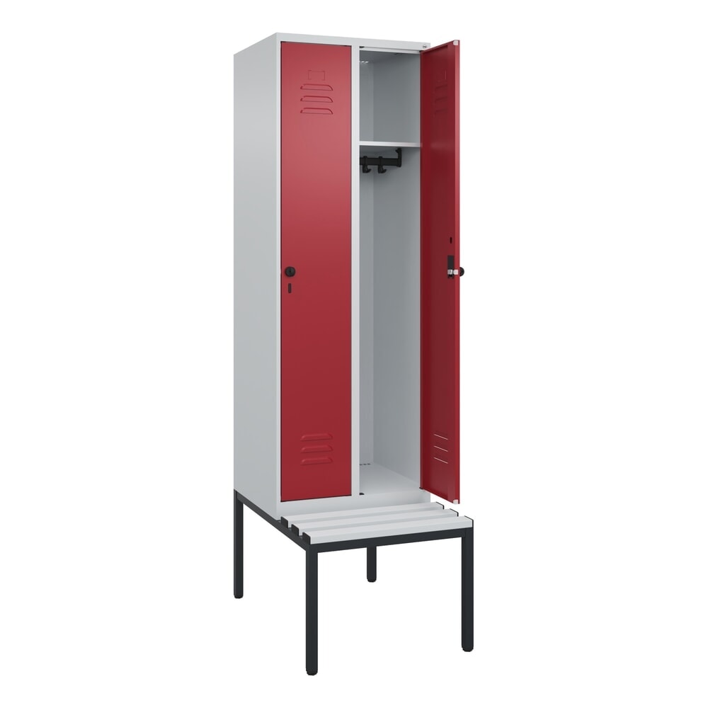 C+P Spind Classic PLUS, 2 Abteile, HxBxT 2.120 x 600 x 815 mm, für Vorhängeschloss, untergebaute Bank aus Kunststoff, lichtgrau, rubinrot
