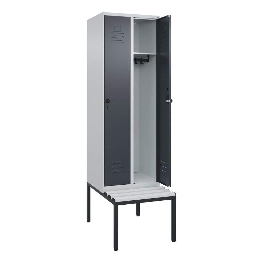 C+P Spind Classic PLUS, 2 Abteile, HxBxT 2.120 x 600 x 815 mm, für Vorhängeschloss, untergebaute Bank aus Kunststoff, lichtgrau, anthrazitgrau