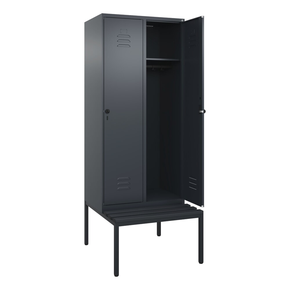 C+P Spind Classic PLUS, 2 Abteile, HxBxT 2.120 x 800 x 815 mm, für Vorhängeschloss, untergebaute Bank aus Kunststoff, anthrazitgrau, anthrazitgrau
