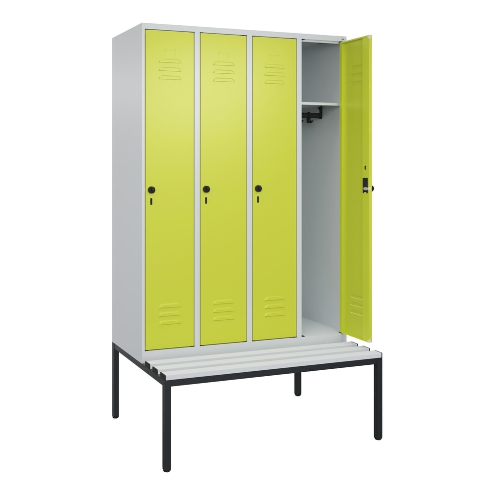 C+P Spind Classic PLUS, 4 Abteile, HxBxT 2.120 x 1.200 x 815 mm, für Vorhängeschloss, untergebaute Bank aus Kunststoff, lichtgrau, clowngrün