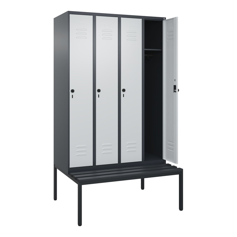 C+P Spind Classic PLUS, 4 Abteile, HxBxT 2.120 x 1.200 x 815 mm, für Vorhängeschloss, untergebaute Bank aus Kunststoff, anthrazitgrau, lichtgrau