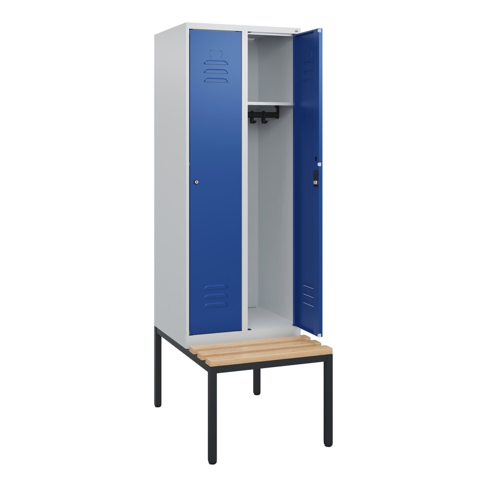 C+P Spind Classic PLUS, 2 Abteile, HxBxT 1.950 x 600 x 815 mm, Zylinderschloss, untergebaute Bank aus Buche, lichtgrau, enzianblau