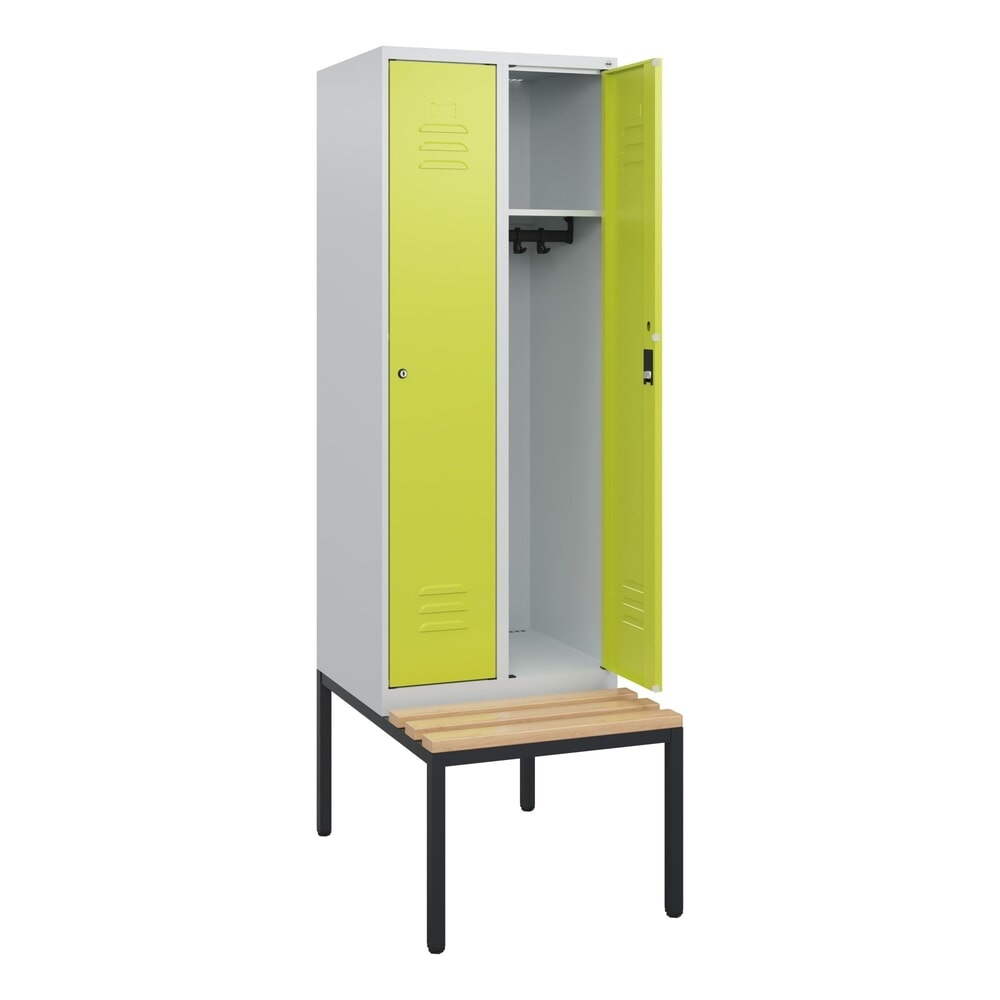 C+P Spind Classic PLUS, 2 Abteile, HxBxT 1.950 x 600 x 815 mm, Zylinderschloss, untergebaute Bank aus Buche, lichtgrau, clowngrün