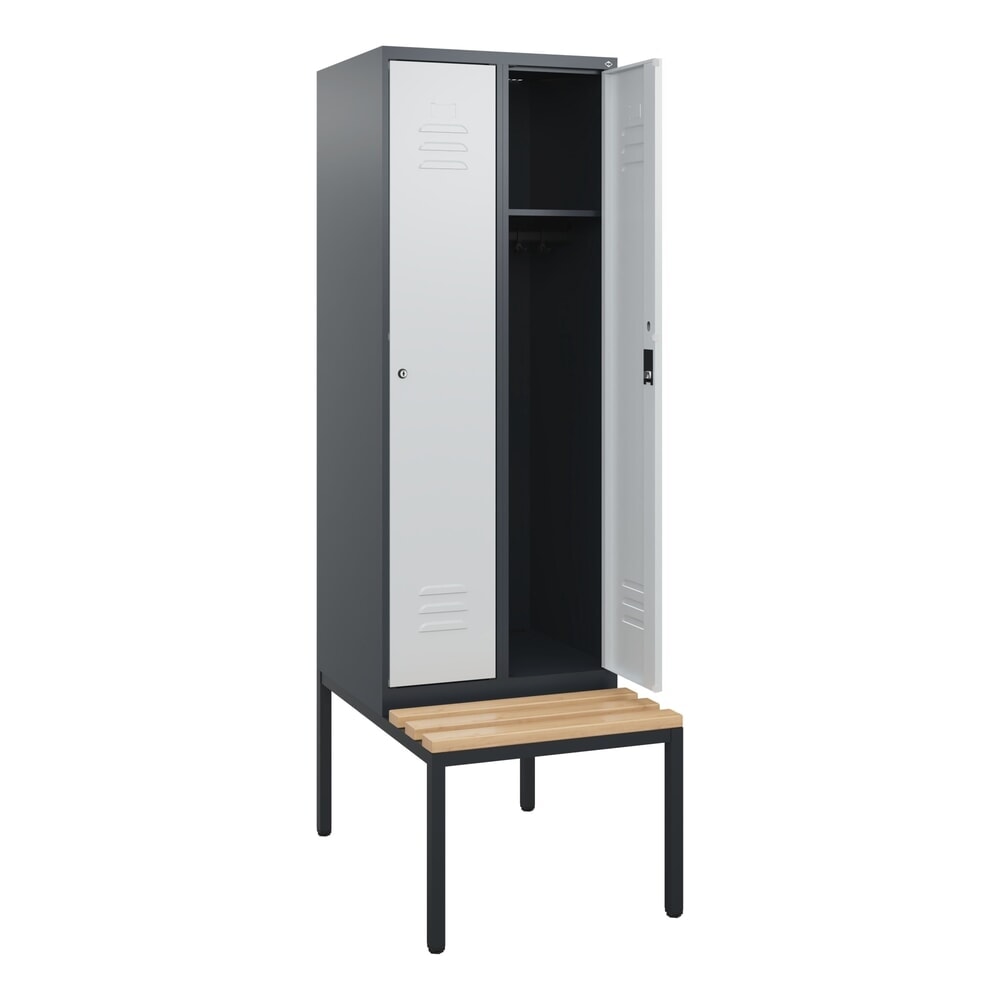 C+P Spind Classic PLUS, 2 Abteile, HxBxT 1.950 x 600 x 815 mm, Zylinderschloss, untergebaute Bank aus Buche, anthrazitgrau, lichtgrau
