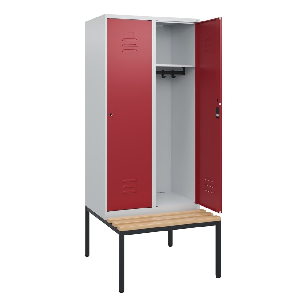 C+P Spind Classic PLUS, 2 Abteile, HxBxT 1.950 x 800 x 815 mm, Zylinderschloss, untergebaute Bank aus Buche, lichtgrau, rubinrot