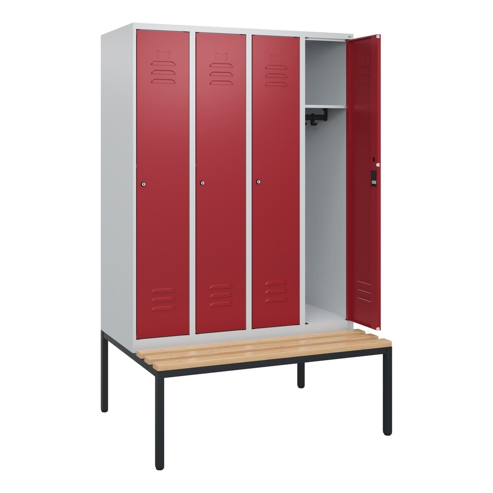 C+P Spind Classic PLUS, 4 Abteile, HxBxT 1.950 x 1.200 x 815 mm, Zylinderschloss, untergebaute Bank aus Buche, lichtgrau, rubinrot