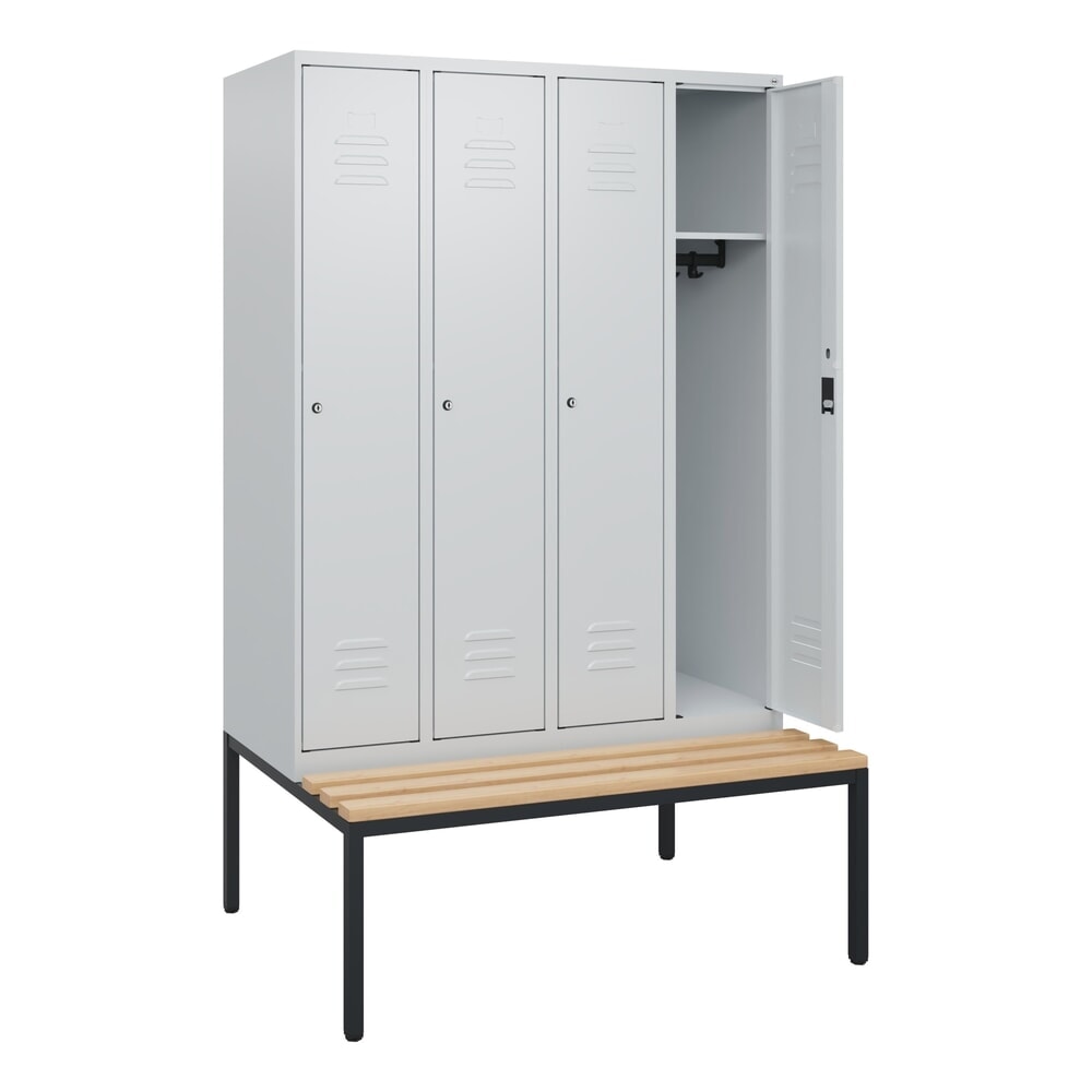 C+P Spind Classic PLUS, 4 Abteile, HxBxT 1.950 x 1.200 x 815 mm, Zylinderschloss, untergebaute Bank aus Buche, lichtgrau, lichtgrau