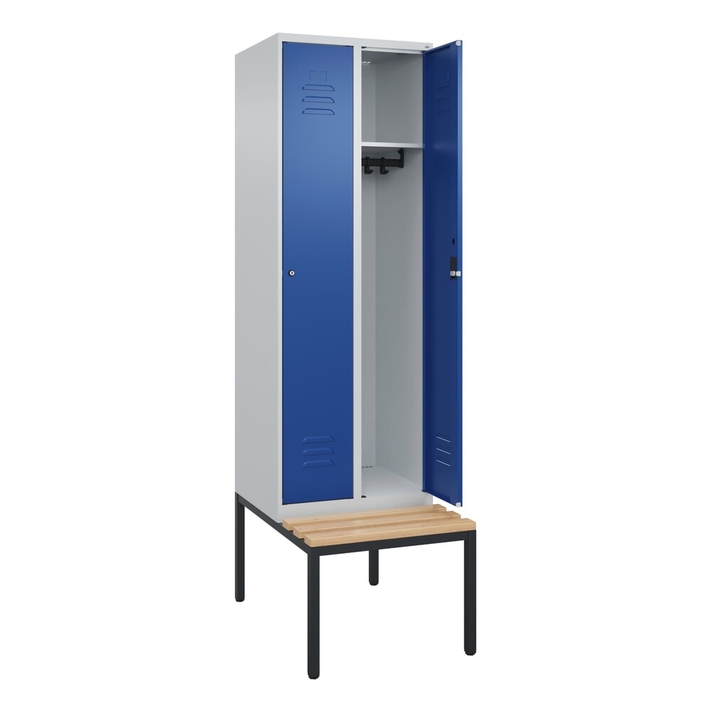 C+P Spind Classic PLUS, 2 Abteile, HxBxT 2.120 x 600 x 815 mm, Zylinderschloss, untergebaute Bank aus Buche, lichtgrau, enzianblau