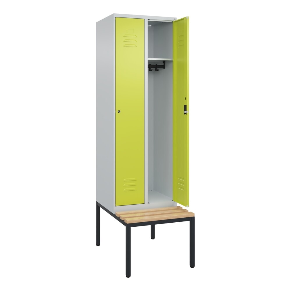 C+P Spind Classic PLUS, 2 Abteile, HxBxT 2.120 x 600 x 815 mm, Zylinderschloss, untergebaute Bank aus Buche, lichtgrau, clowngrün